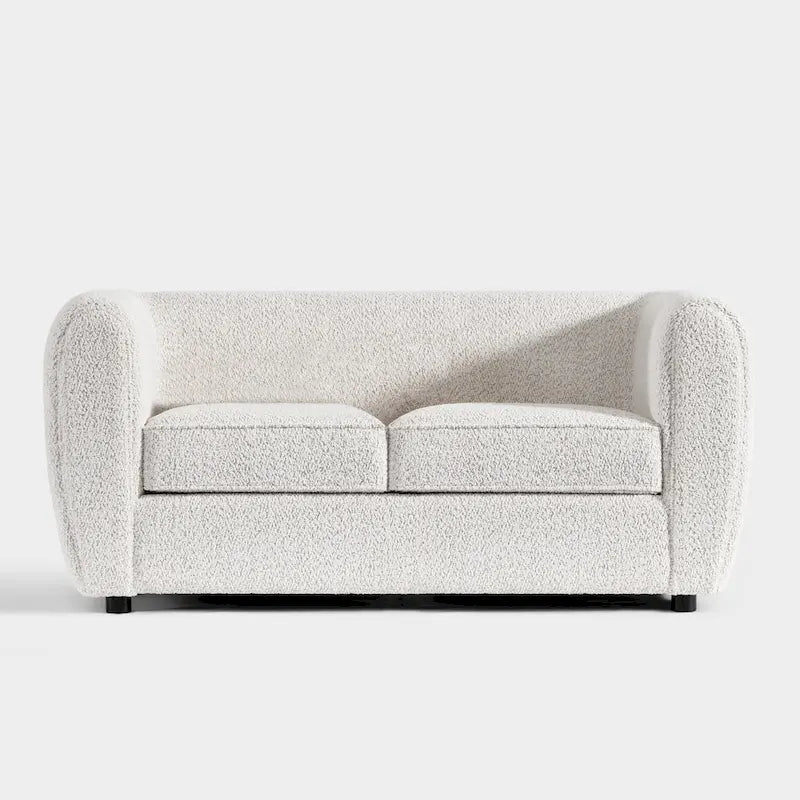 Furniture of America Vanessa – nowoczesna dwuosobowa sofa z zaokrąglonymi podłokietnikami i tapicerką bouclé, mała sofa z poduszką siedziskową i drewnianymi nogami