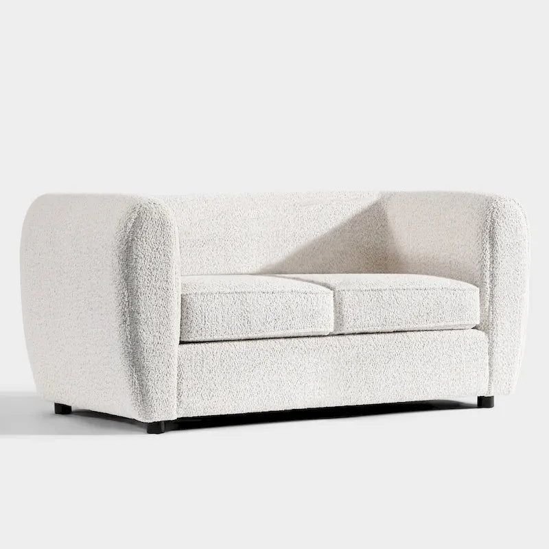 Furniture of America Vanessa – nowoczesna dwuosobowa sofa z zaokrąglonymi podłokietnikami i tapicerką bouclé, mała sofa z poduszką siedziskową i drewnianymi nogami