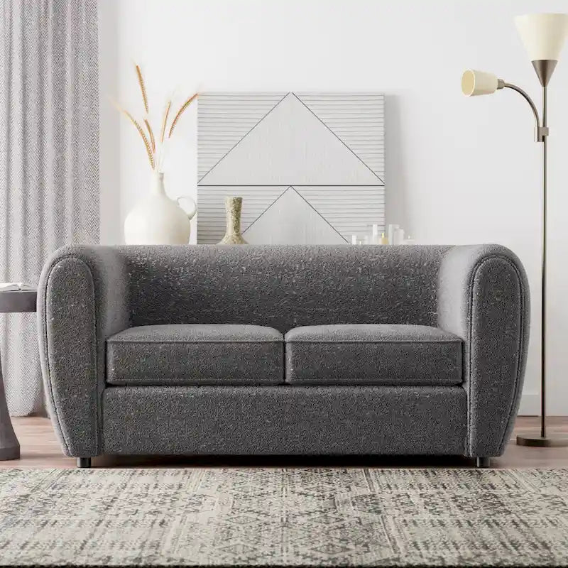 Furniture of America Vanessa – nowoczesna dwuosobowa sofa z zaokrąglonymi podłokietnikami i tapicerką bouclé, mała sofa z poduszką siedziskową i drewnianymi nogami