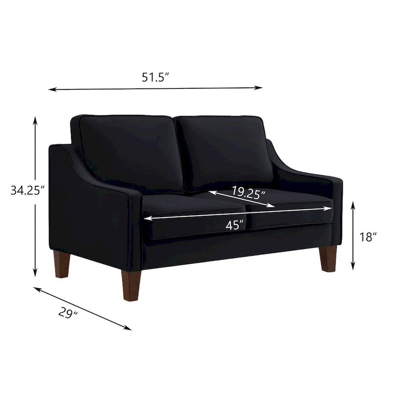 Moderni samettinen kahden istuttava sohva puisilla jaloilla – 29.00 x 51.50 x 34.25