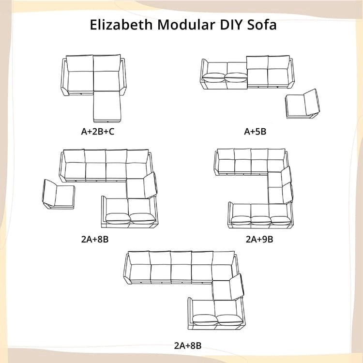 Moderne modulaire hoekbankcollectie, zelf samen te stellen en om te bouwen - optionele ottoman-, midden- en armleuningmodules