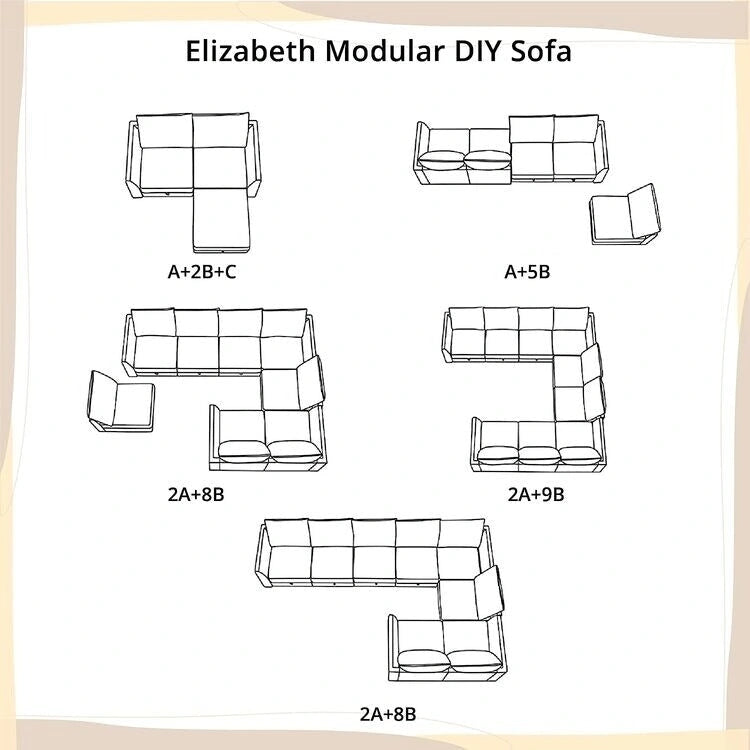 Moderne modulaire hoekbankcollectie, zelf samen te stellen en om te bouwen - optionele ottoman-, midden- en armleuningmodules