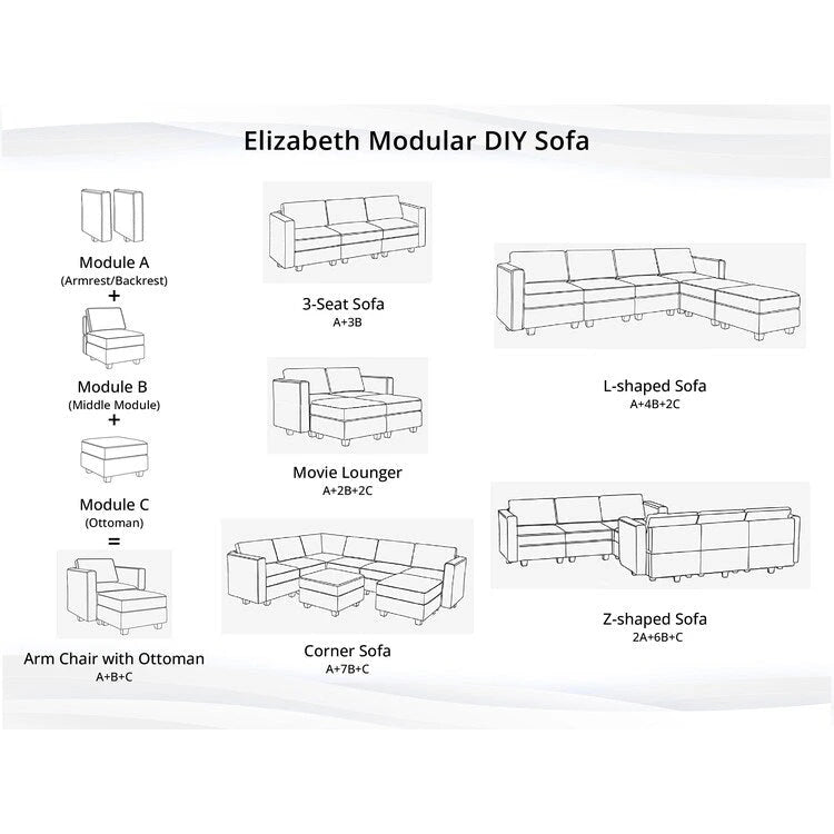 Moderne modulaire hoekbankcollectie, zelf samen te stellen en om te bouwen - optionele ottoman-, midden- en armleuningmodules
