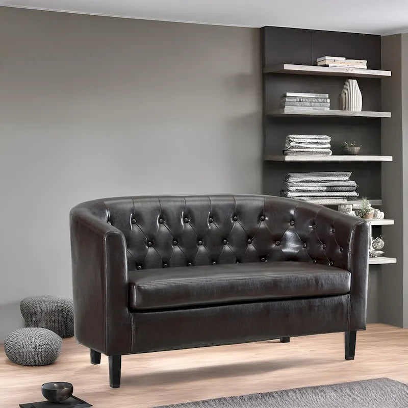 Canapé 2 places tonneau moderne du milieu du siècle en similicuir capitonné à boutons – canapé 2 places confortable style cocon