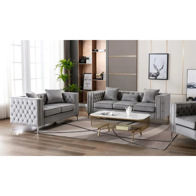 Wohnzimmer-Set aus Samtstoff mit Sofa und Zweisitzer