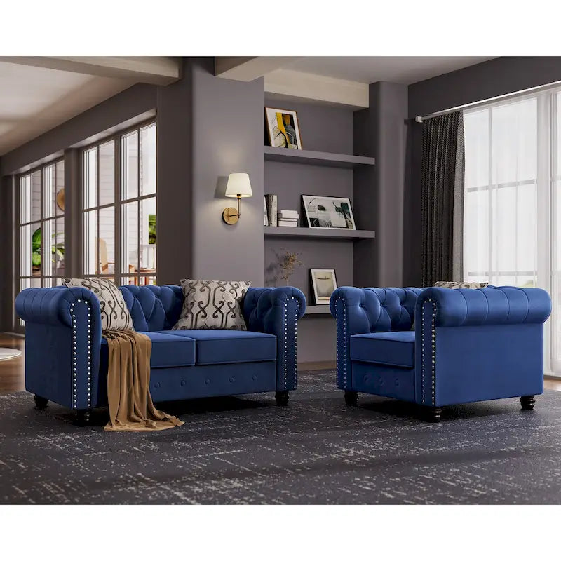 Fauteuil club deux places Chesterfield classique Morden Fort, capitonné et revêtu de velours, 2 pièces avec clous décoratifs, pour le salon