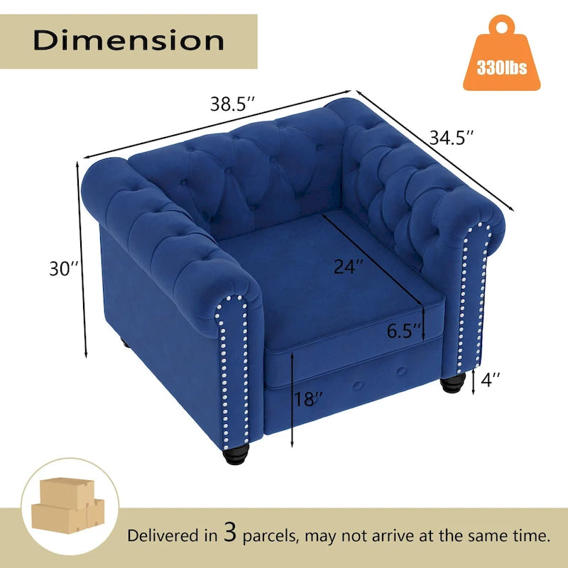 Fauteuil club deux places Chesterfield classique Morden Fort, capitonné et revêtu de velours, 2 pièces avec clous décoratifs, pour le salon