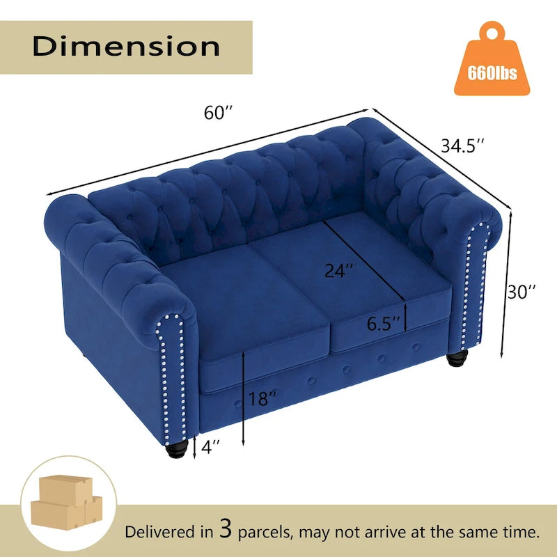 Fauteuil club deux places Chesterfield classique Morden Fort, capitonné et revêtu de velours, 2 pièces avec clous décoratifs, pour le salon