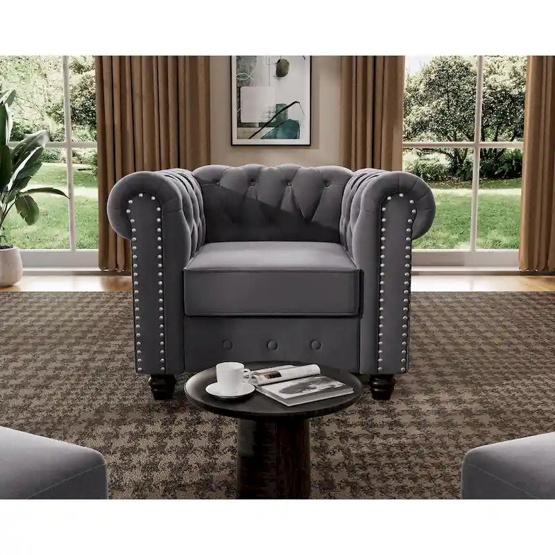 Fauteuil club deux places Chesterfield classique Morden Fort, capitonné et revêtu de velours, 2 pièces avec clous décoratifs, pour le salon