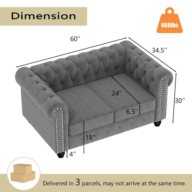 Fauteuil club deux places Chesterfield classique Morden Fort, capitonné et revêtu de velours, 2 pièces avec clous décoratifs, pour le salon