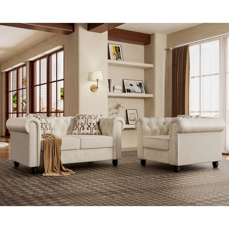 Fauteuil club deux places Chesterfield classique Morden Fort, capitonné et revêtu de velours, 2 pièces avec clous décoratifs, pour le salon