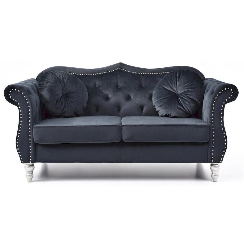 Hollywood 68 inç kadife Chesterfield iki kişilik koltuk, 2 dekoratif yastıklı - 68L x 35W x 34H