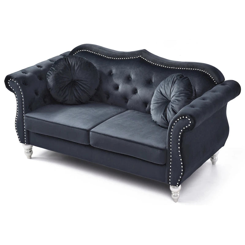 Hollywood 68 inç kadife Chesterfield iki kişilik koltuk, 2 dekoratif yastıklı - 68L x 35W x 34H