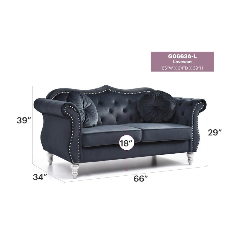 Hollywood 68 inç kadife Chesterfield iki kişilik koltuk, 2 dekoratif yastıklı - 68L x 35W x 34H
