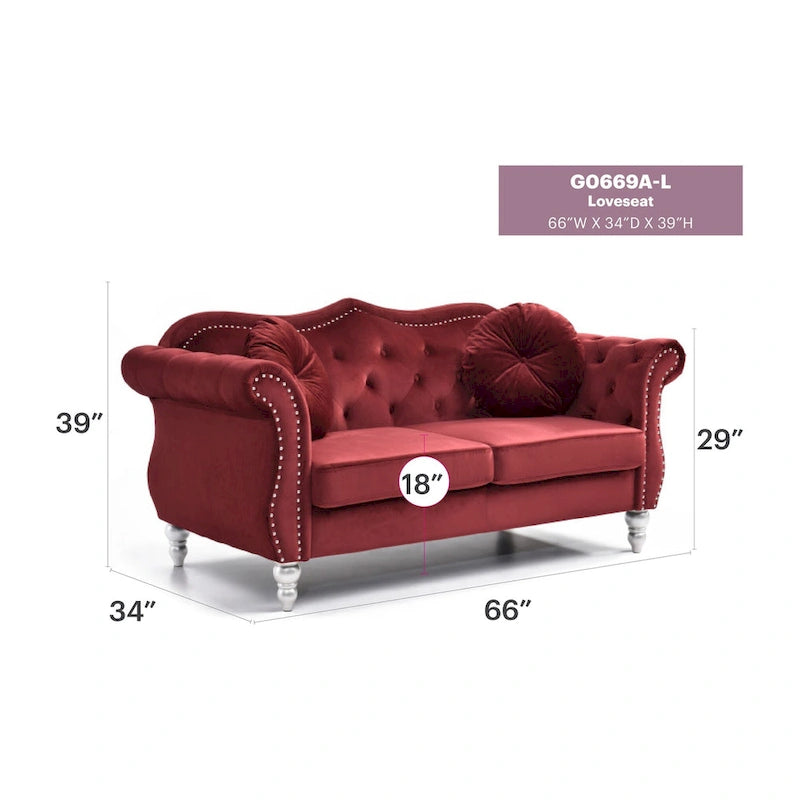 Hollywood 68 inç kadife Chesterfield iki kişilik koltuk, 2 dekoratif yastıklı - 68L x 35W x 34H