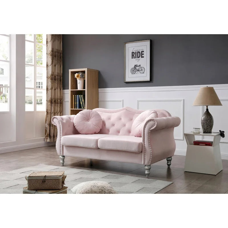 Hollywood 68 inç kadife Chesterfield iki kişilik koltuk, 2 dekoratif yastıklı - 68L x 35W x 34H