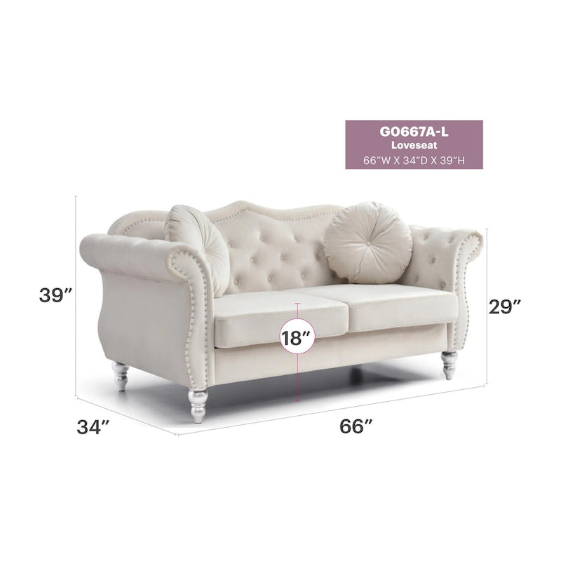 Hollywood 68 inç kadife Chesterfield iki kişilik koltuk, 2 dekoratif yastıklı - 68L x 35W x 34H