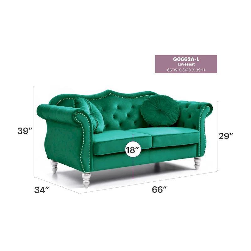 Hollywood 68 inç kadife Chesterfield iki kişilik koltuk, 2 dekoratif yastıklı - 68L x 35W x 34H