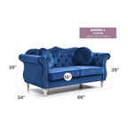 Hollywood 68 inç kadife Chesterfield iki kişilik koltuk, 2 dekoratif yastıklı - 68L x 35W x 34H