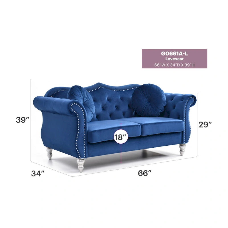 Hollywood 68 inç kadife Chesterfield iki kişilik koltuk, 2 dekoratif yastıklı - 68L x 35W x 34H