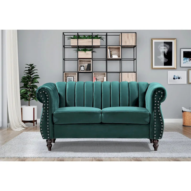 Charlot loveseat van fluweel in Chesterfieldstijl met afgeronde armleuningen