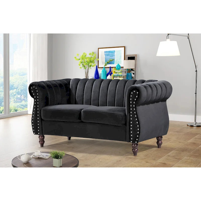 Charlot loveseat van fluweel in Chesterfieldstijl met afgeronde armleuningen