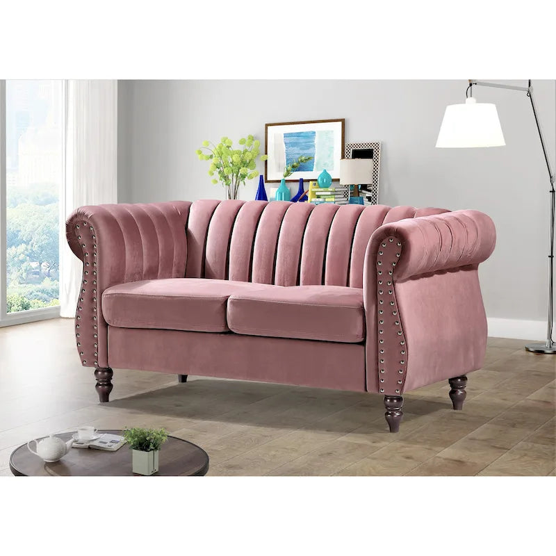 Charlot loveseat van fluweel in Chesterfieldstijl met afgeronde armleuningen