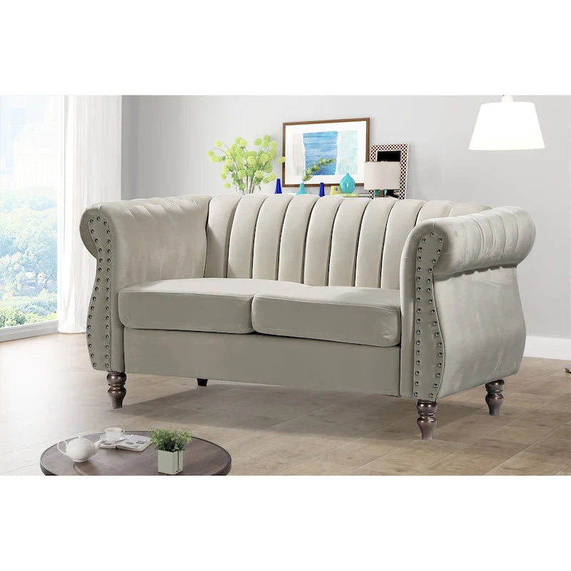 Charlot loveseat van fluweel in Chesterfieldstijl met afgeronde armleuningen
