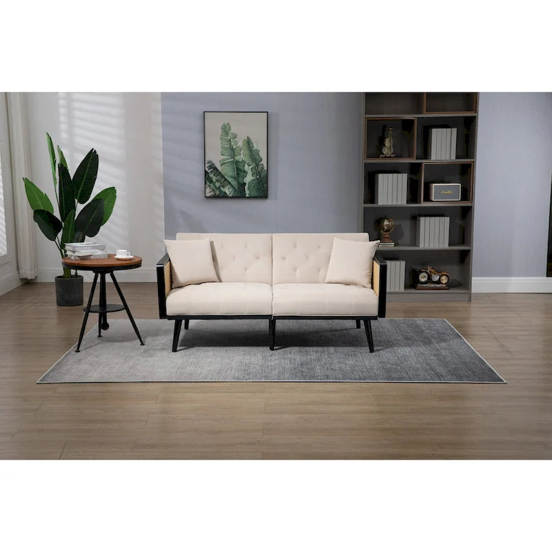 Met fluweel beklede, gecapitonneerde slaap-loveseat met armleuningen en metalen poten
