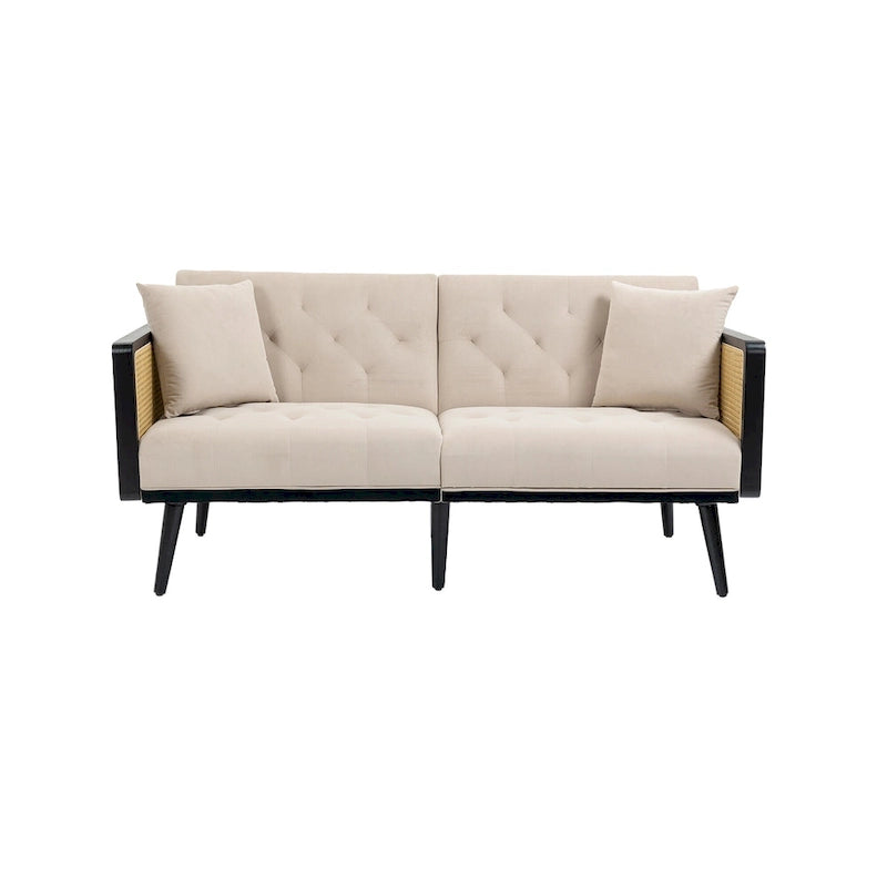 Met fluweel beklede, gecapitonneerde slaap-loveseat met armleuningen en metalen poten