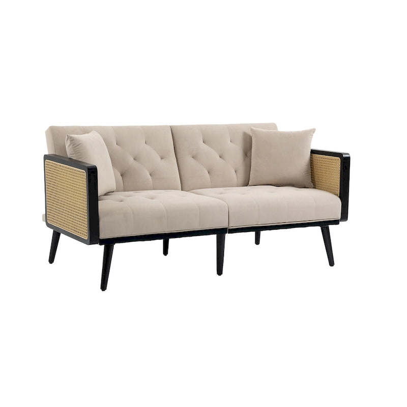 Met fluweel beklede, gecapitonneerde slaap-loveseat met armleuningen en metalen poten