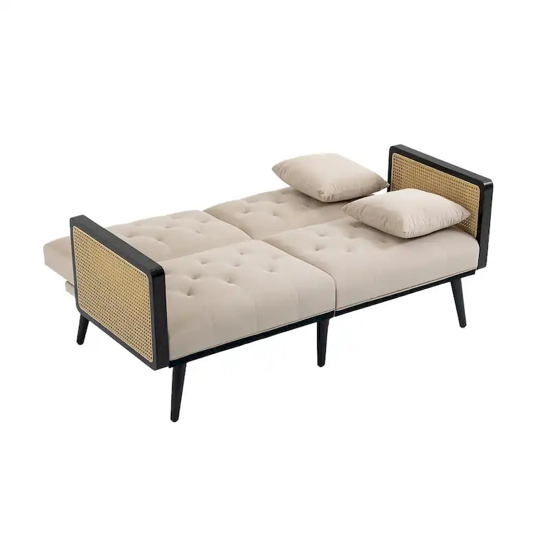 Met fluweel beklede, gecapitonneerde slaap-loveseat met armleuningen en metalen poten