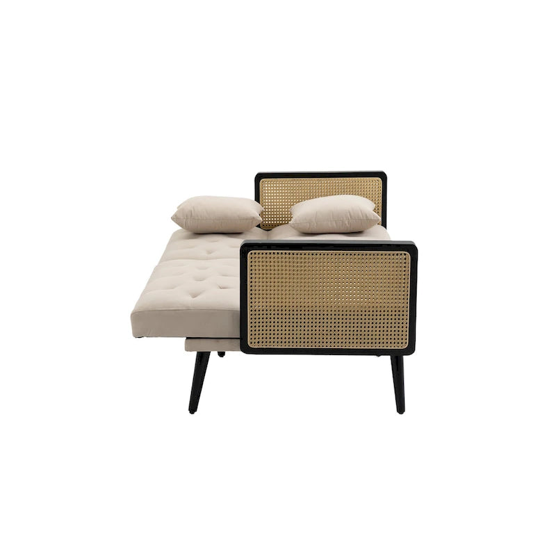 Met fluweel beklede, gecapitonneerde slaap-loveseat met armleuningen en metalen poten