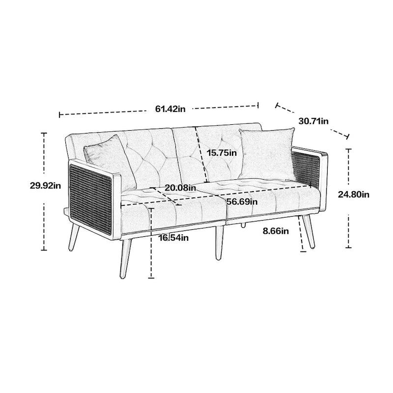 Met fluweel beklede, gecapitonneerde slaap-loveseat met armleuningen en metalen poten