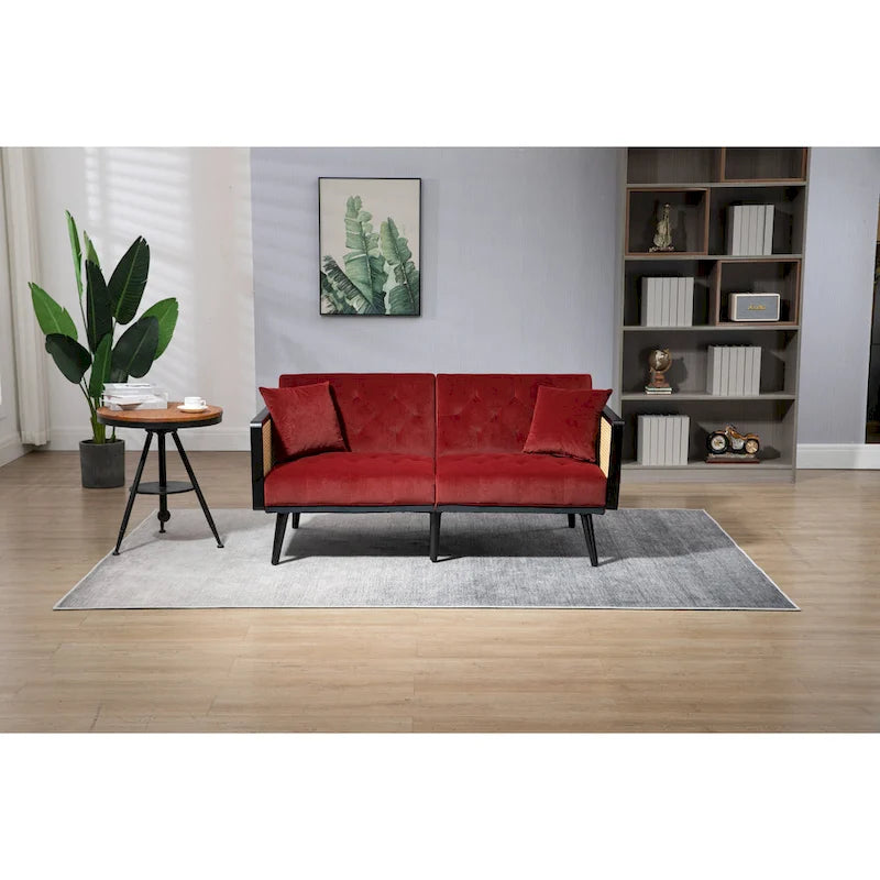 Met fluweel beklede, gecapitonneerde slaap-loveseat met armleuningen en metalen poten