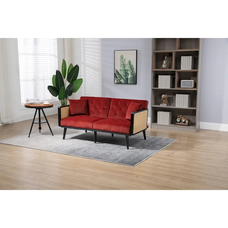 Met fluweel beklede, gecapitonneerde slaap-loveseat met armleuningen en metalen poten
