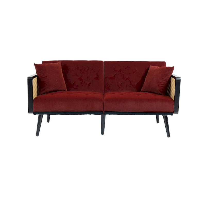 Met fluweel beklede, gecapitonneerde slaap-loveseat met armleuningen en metalen poten
