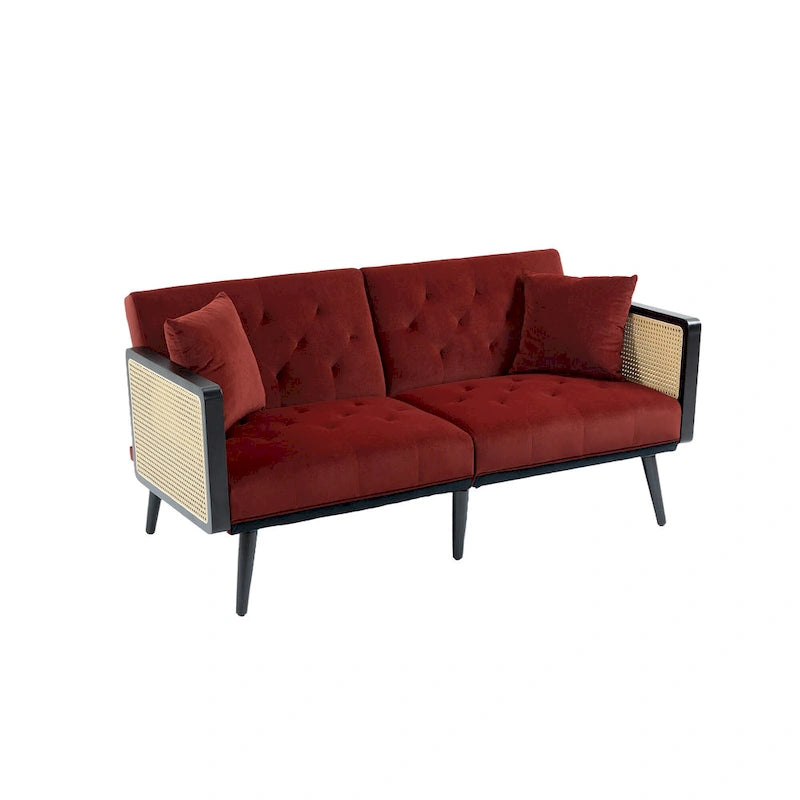 Met fluweel beklede, gecapitonneerde slaap-loveseat met armleuningen en metalen poten