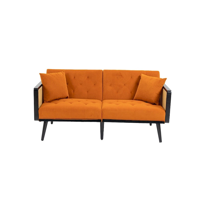 Met fluweel beklede, gecapitonneerde slaap-loveseat met armleuningen en metalen poten