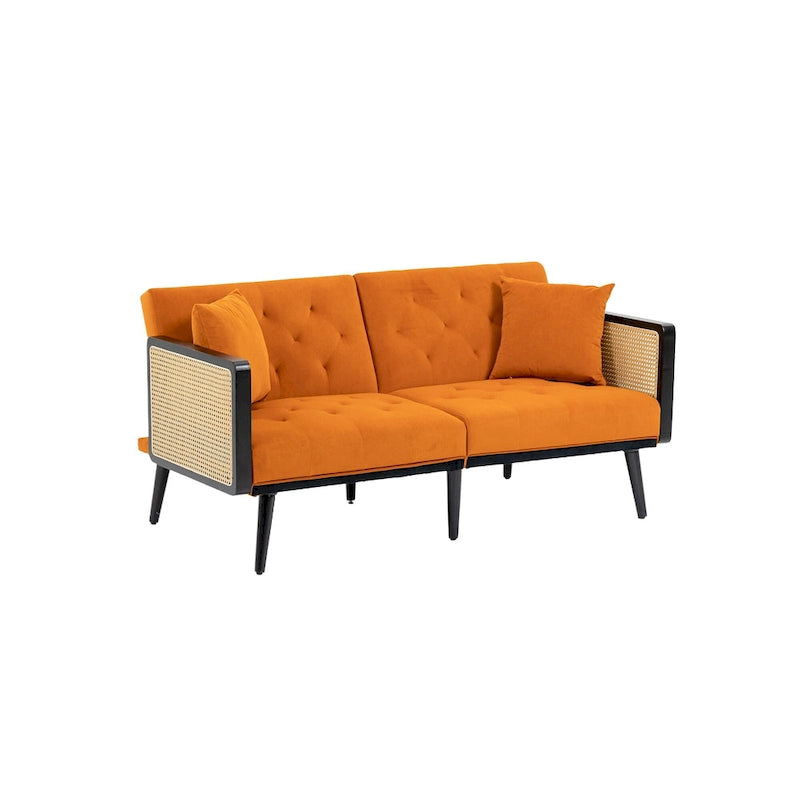 Met fluweel beklede, gecapitonneerde slaap-loveseat met armleuningen en metalen poten