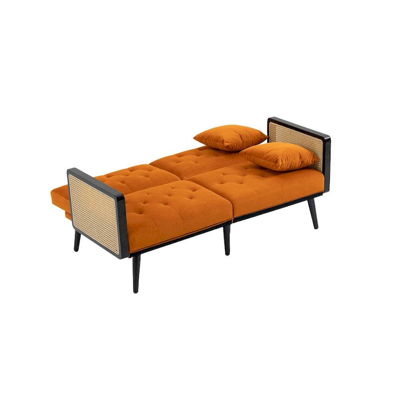 Met fluweel beklede, gecapitonneerde slaap-loveseat met armleuningen en metalen poten