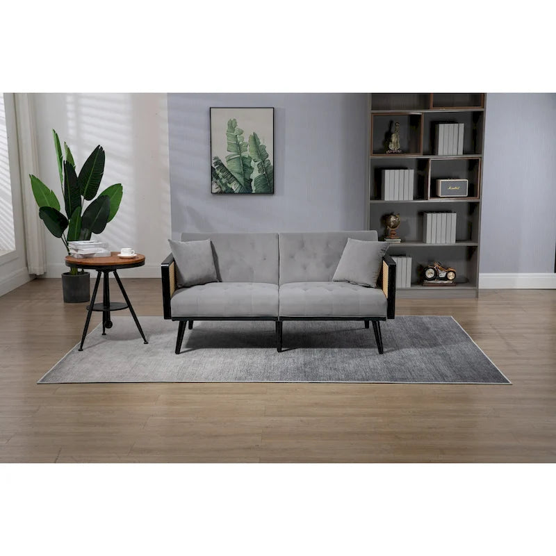Met fluweel beklede, gecapitonneerde slaap-loveseat met armleuningen en metalen poten