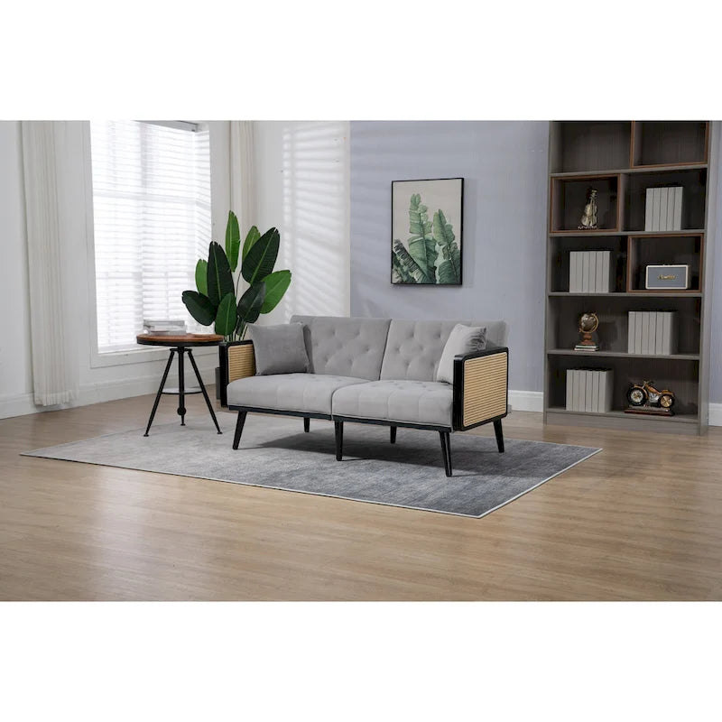 Met fluweel beklede, gecapitonneerde slaap-loveseat met armleuningen en metalen poten