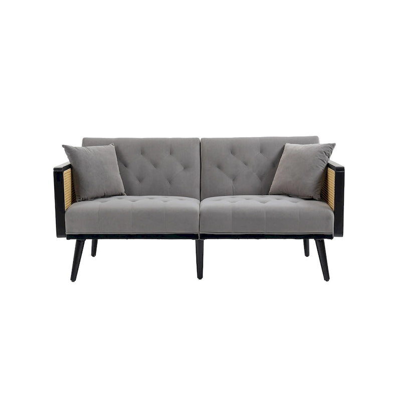 Met fluweel beklede, gecapitonneerde slaap-loveseat met armleuningen en metalen poten