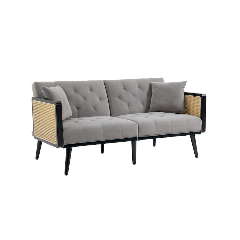 Met fluweel beklede, gecapitonneerde slaap-loveseat met armleuningen en metalen poten