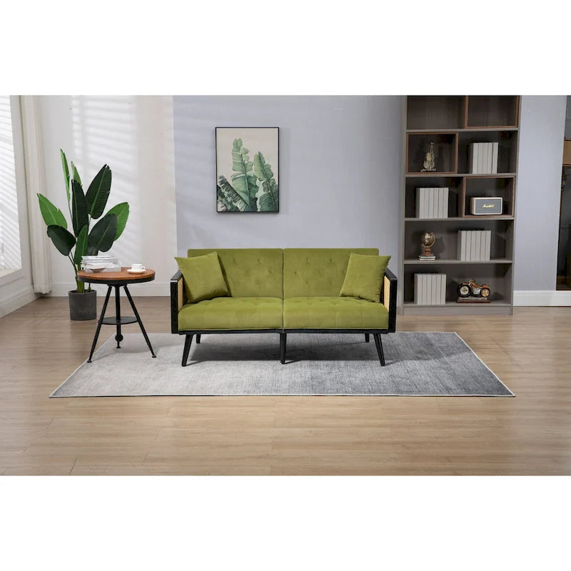 Met fluweel beklede, gecapitonneerde slaap-loveseat met armleuningen en metalen poten
