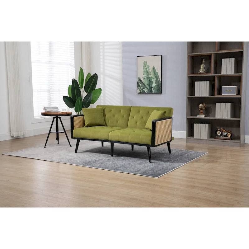 Met fluweel beklede, gecapitonneerde slaap-loveseat met armleuningen en metalen poten