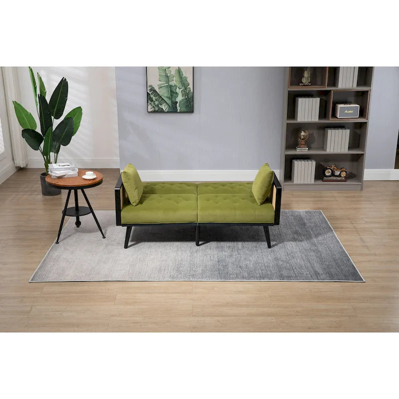 Met fluweel beklede, gecapitonneerde slaap-loveseat met armleuningen en metalen poten