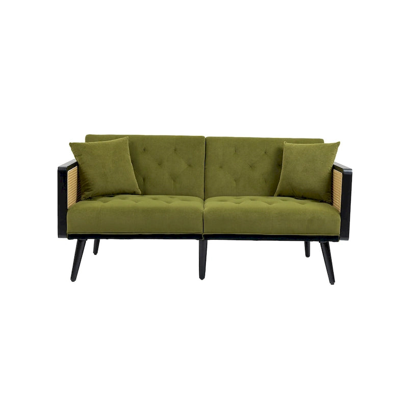 Met fluweel beklede, gecapitonneerde slaap-loveseat met armleuningen en metalen poten