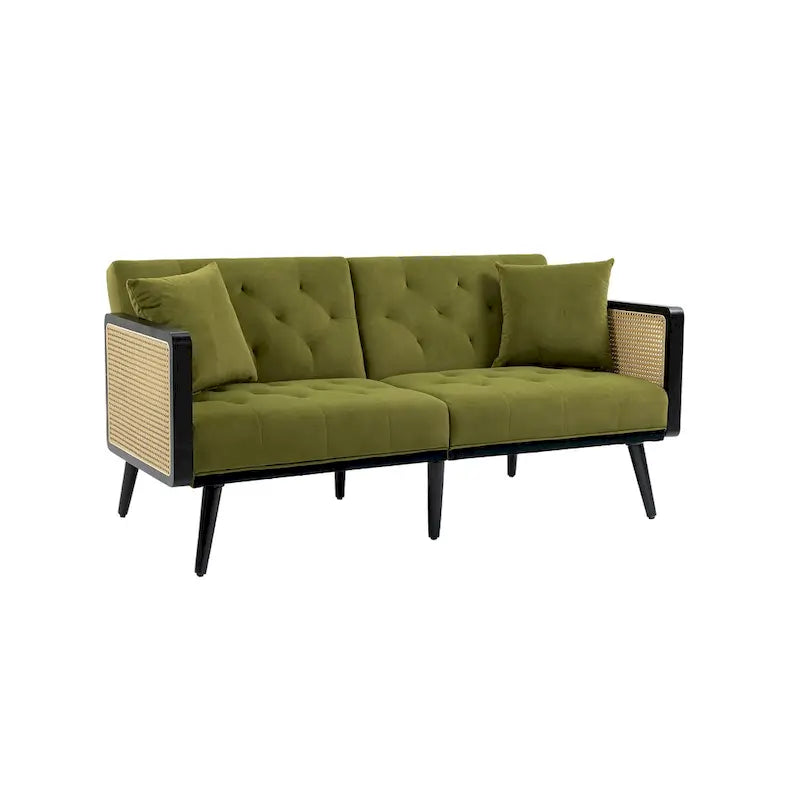 Met fluweel beklede, gecapitonneerde slaap-loveseat met armleuningen en metalen poten